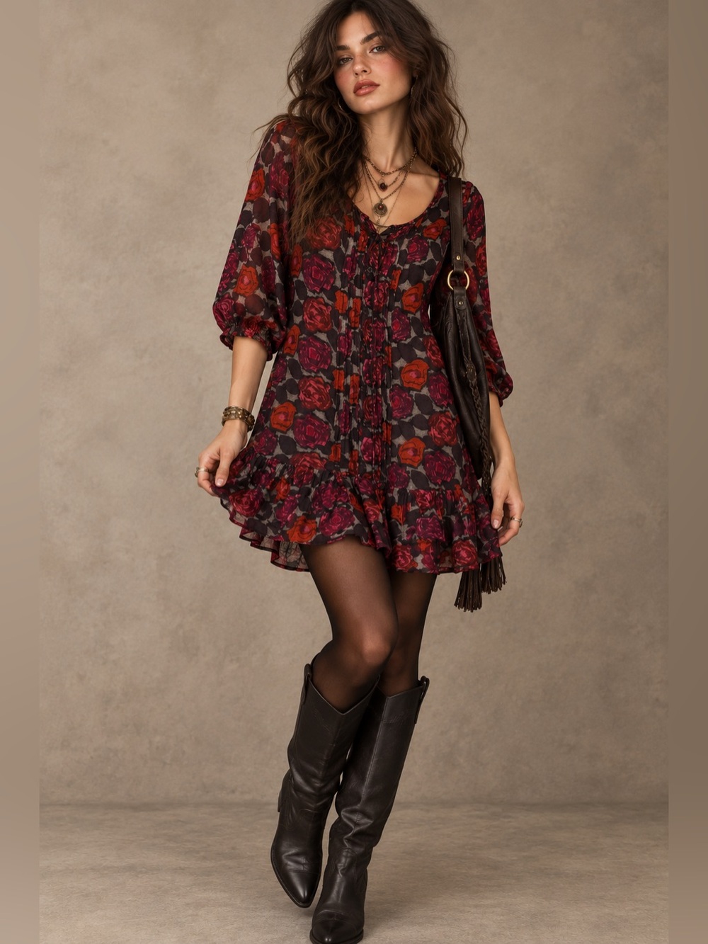 Plenty Tracy Reese Silk Wool Rose Moody Red Floral Tunic Mini Dress Whimsigoth S